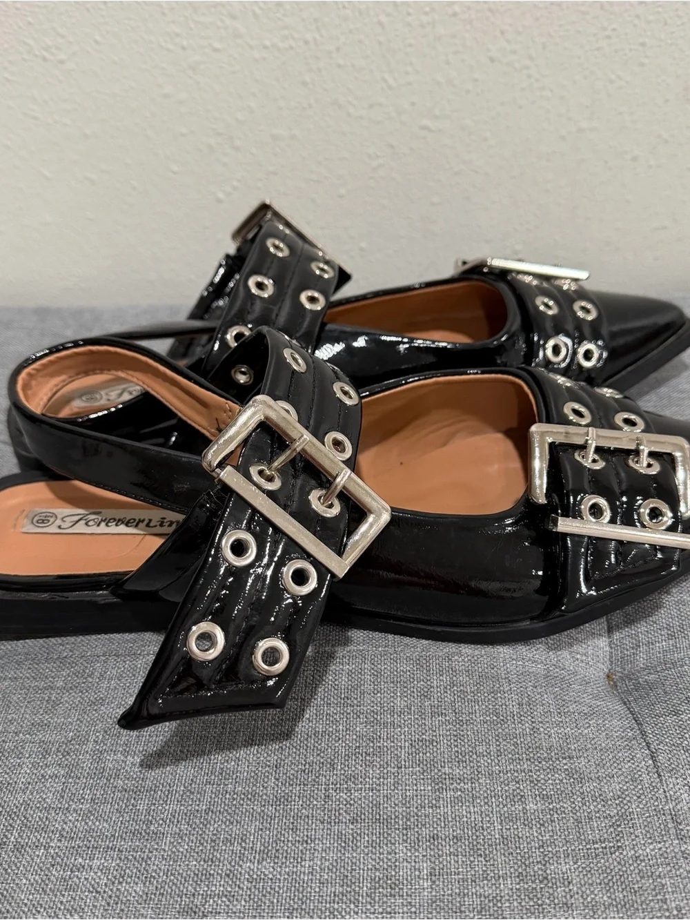 Black Slingback Buckle Grommet Flats